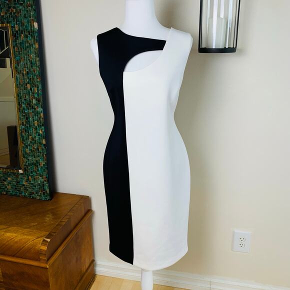 Calvin Klein Size 12 Colorblock Scuba Knit Sheath Dress Minimalist Black White - Picture 1 of 7